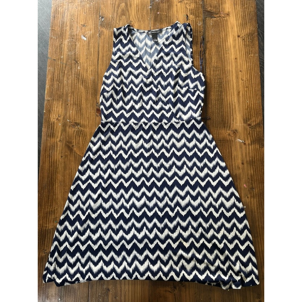 INC International Concepts Navy White Chevron Ikat Faux Wrap A-Line Dress Medium